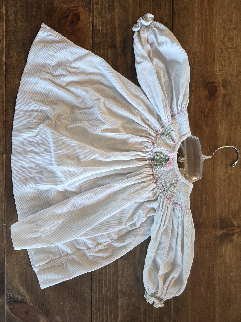 Girls' White Smocked Puff-Sleeve Dress with Pastel Embroidery
